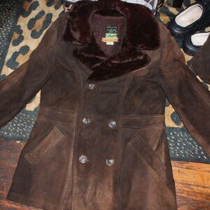 Men's Vintage Grails Warm Soft Suede Faux Fur Lined Pea Coat Jacket 40 or S or M